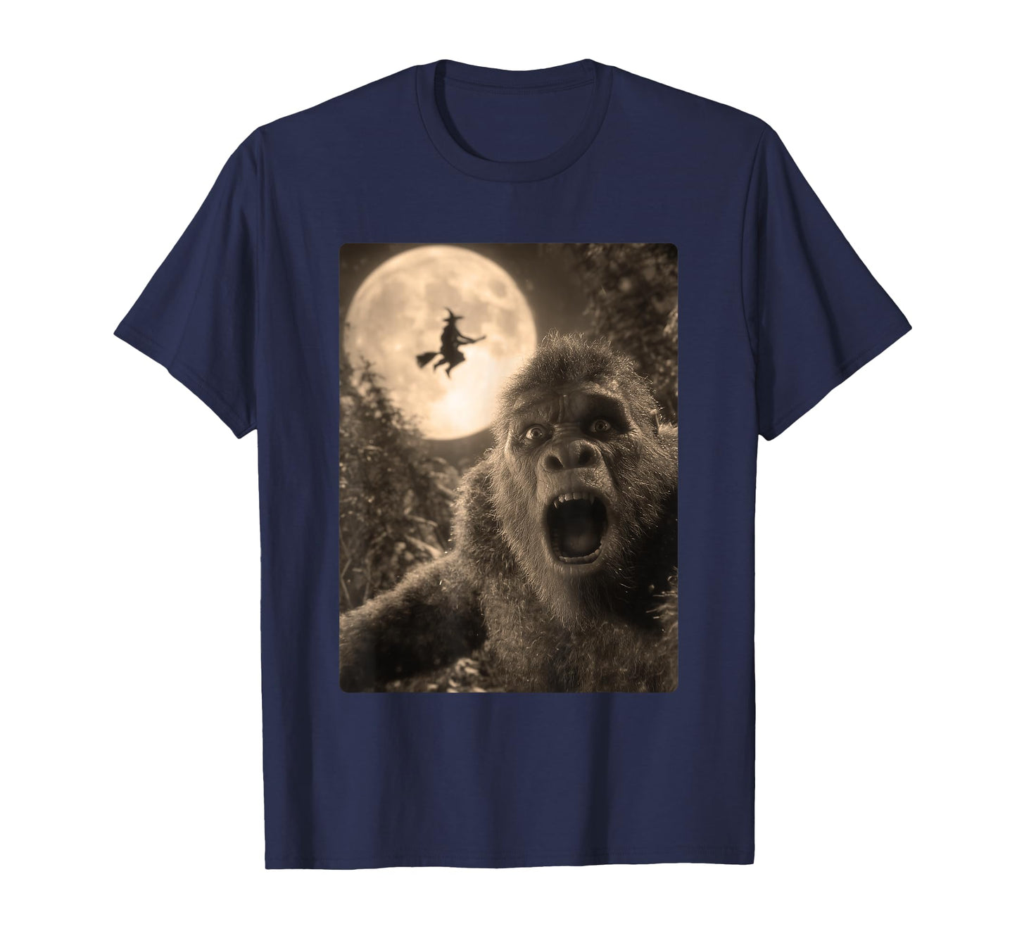 Funny Bigfoot Selfie Full Moon Flying Witch Forest Halloween T-Shirt
