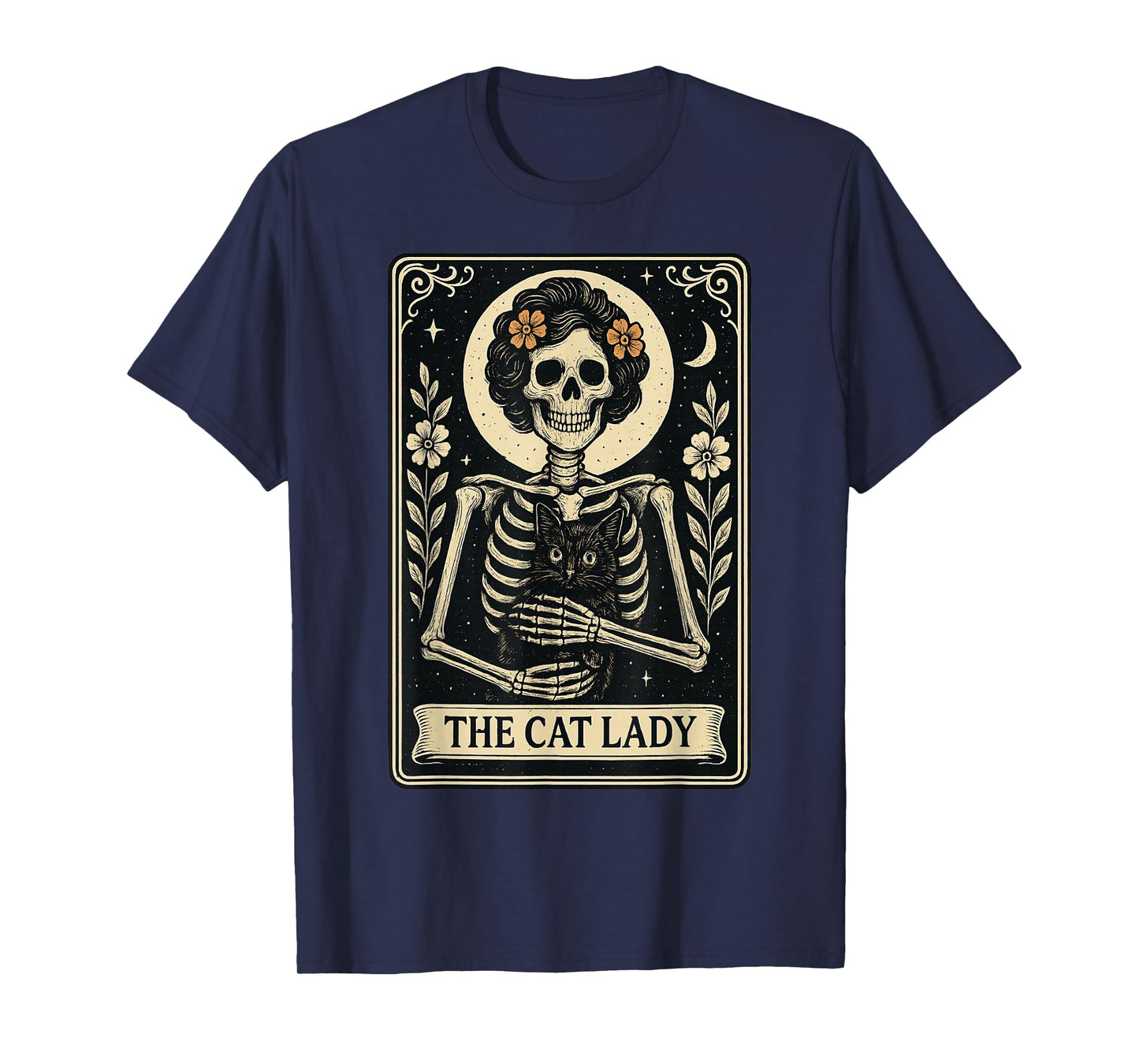 Mystic Skeleton The Cat Lady with Coffee Tarot Card Vibes T-Shirt