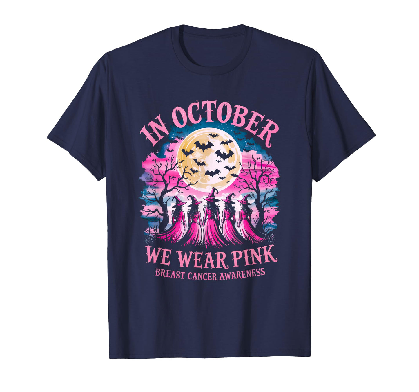 in October We Wear Pink Retro Witch Breast Cancer Awareness T-Shirt