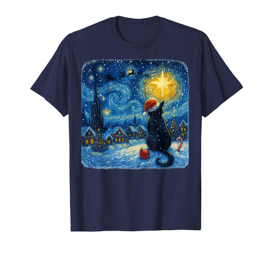 Funny Black Cat Merry Christmas Xmas Van Gogh Pajama Holiday T-Shirt