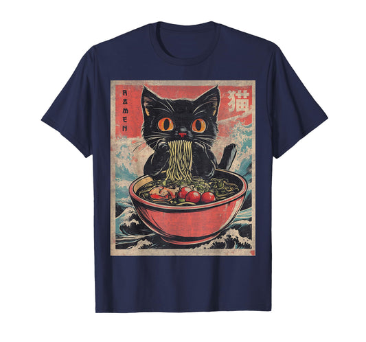 Anime Shirt For Men Women Kids Cat Ramen Noodles Unisex Anime Cat Ramen Japanese Funny Graphic Tees Kawaii Cat Anime Gifts T-Shirt Black XS
