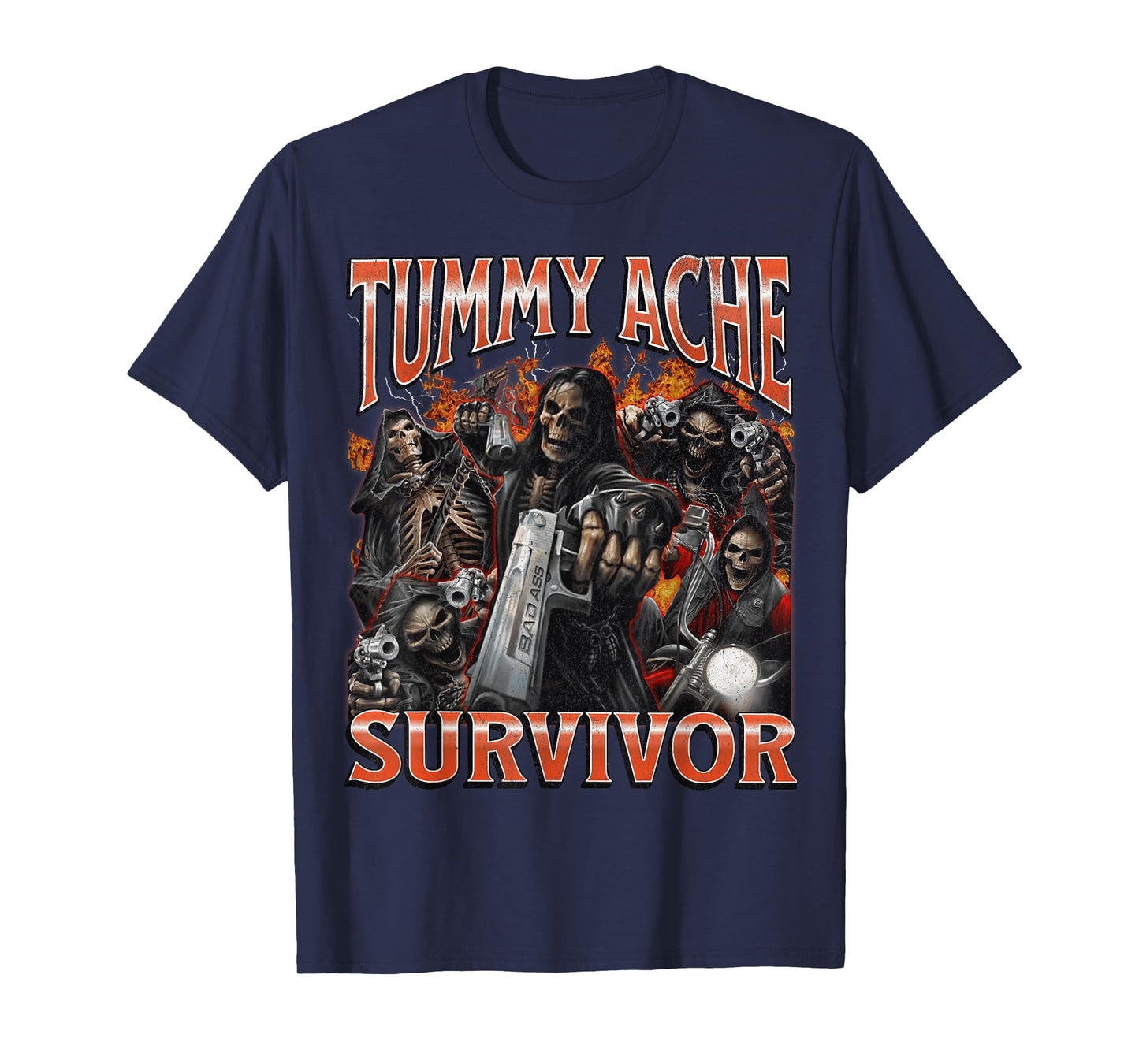 Tummy Ache Survivor Funny Hard Skeleton Meme Bootleg Graphic T-Shirt