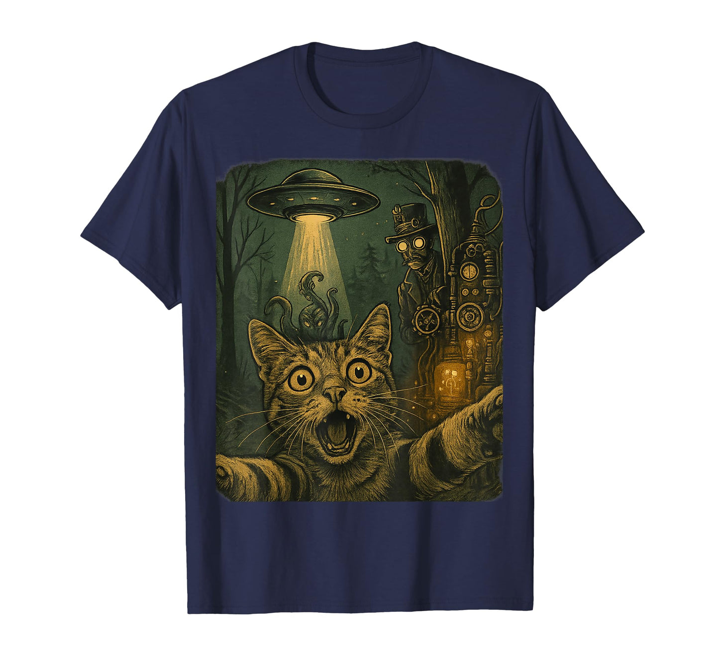 Cat Selfie UFO Steampunk Time Traveler Retro SciFi Victorian T-Shirt for Men Women