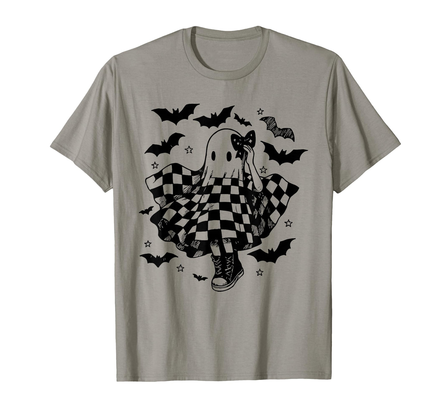 Retro Halloween Checkered Ghost Dance Coquette Bow Womens T-Shirt