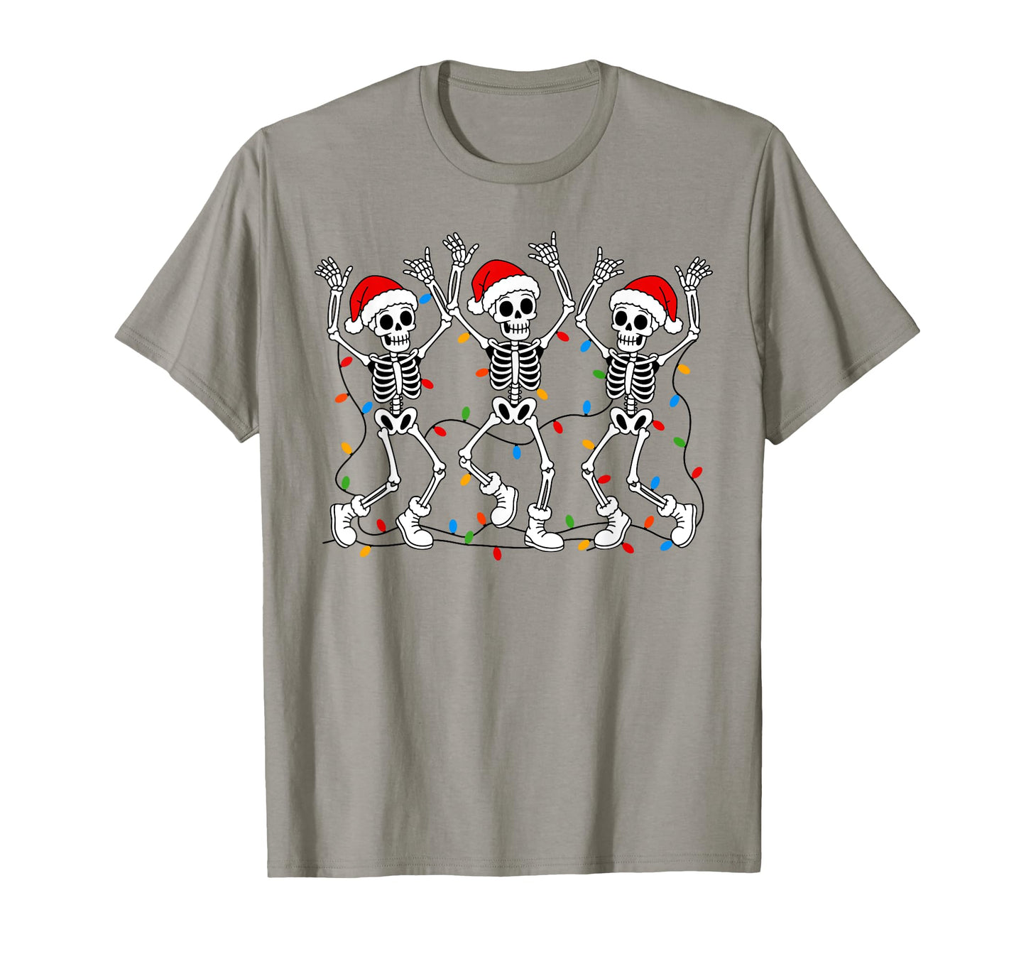 Funny Christmas Dancing Skeletons with Santa Hat Xmas Lights T-Shirt
