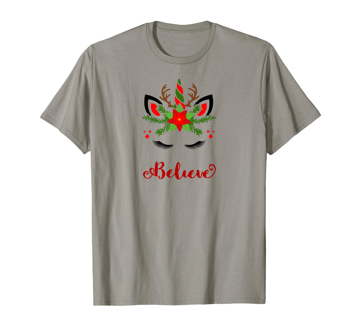 Believe Unicorn Reindeer Face Cute Christmas Santa Deer T-Shirt