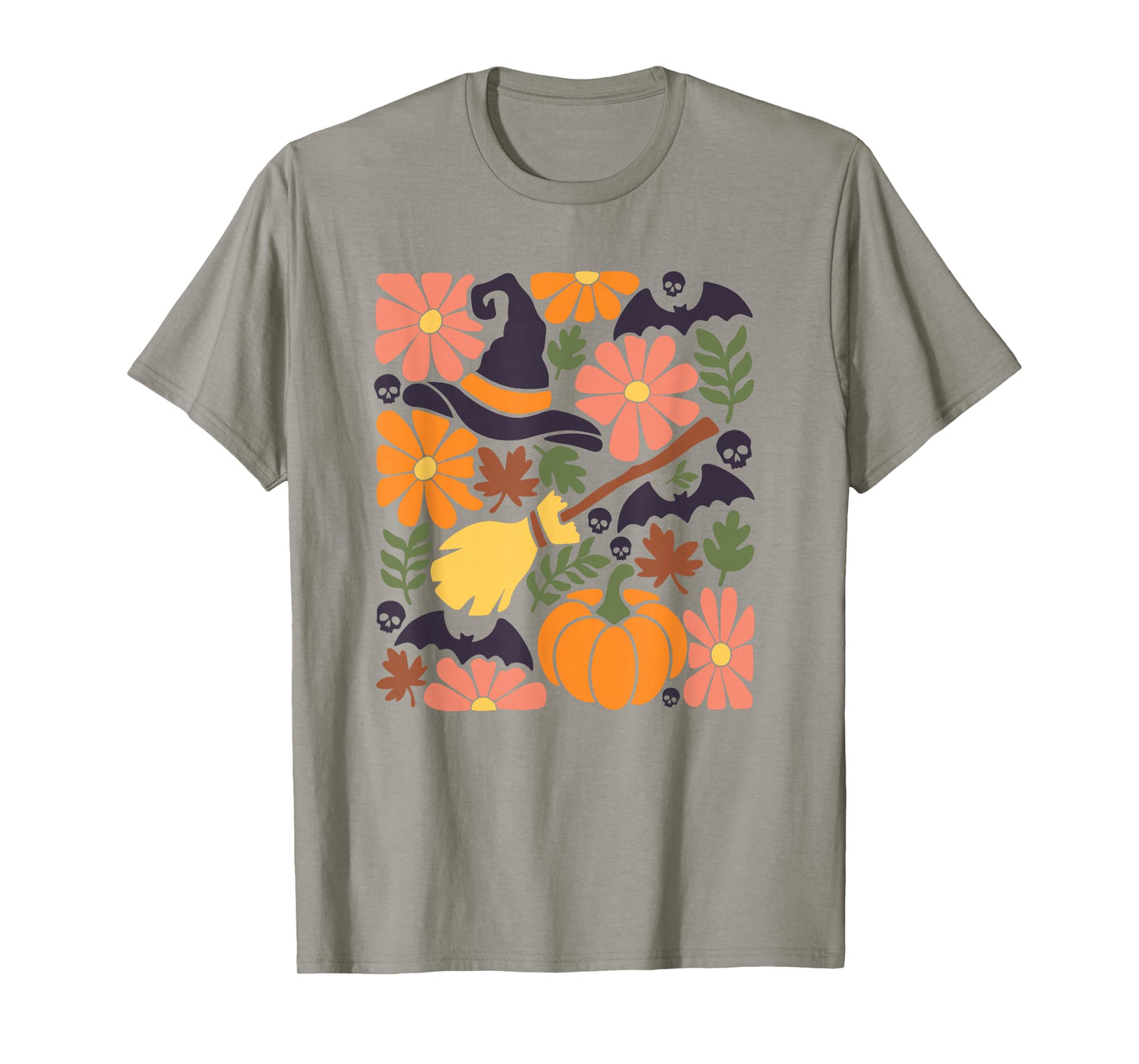 Halloween Boho Floral Witch Broom and Bats T-Shirt