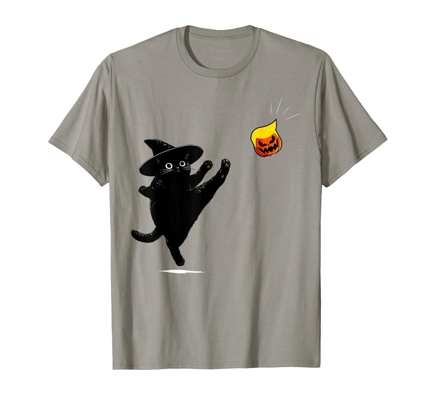 Black Cat Witch Kicking Pumpkin Funny Halloween T-Shirt