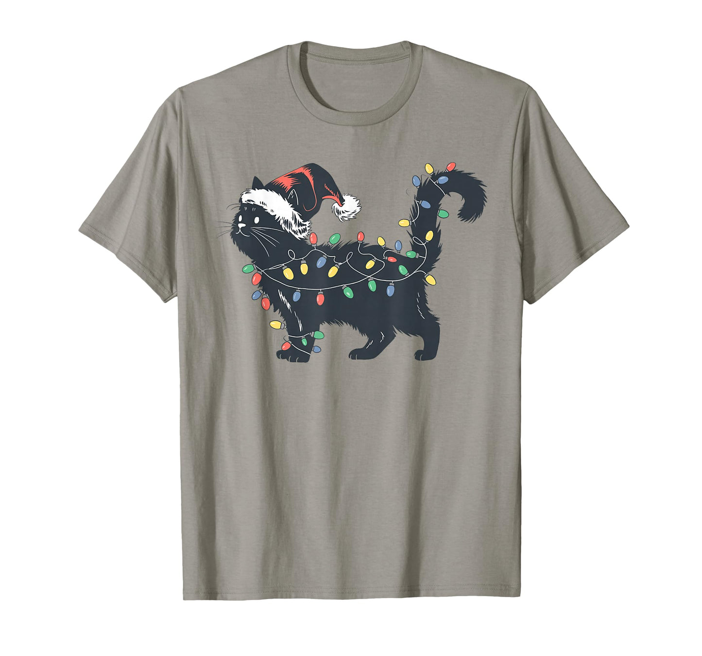 Cute Black Cat Christmas Lights Funny Holiday Santa Hat Cat T-Shirt