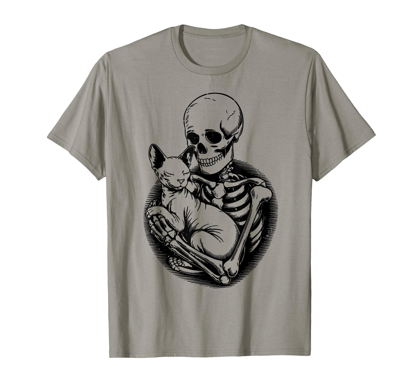 Skeleton Hugging Sphynx Cat Halloween Funny Mom Dad Vintage T-Shirt