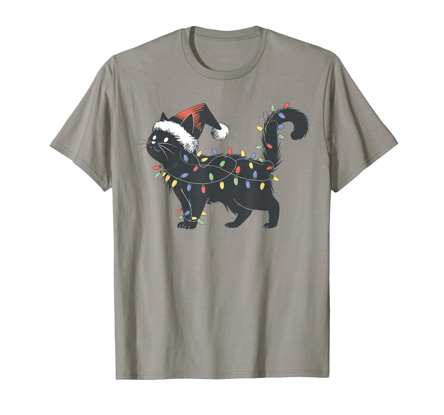 Cute Black Cat Christmas Lights Funny Holiday Santa Hat Cat T-Shirt