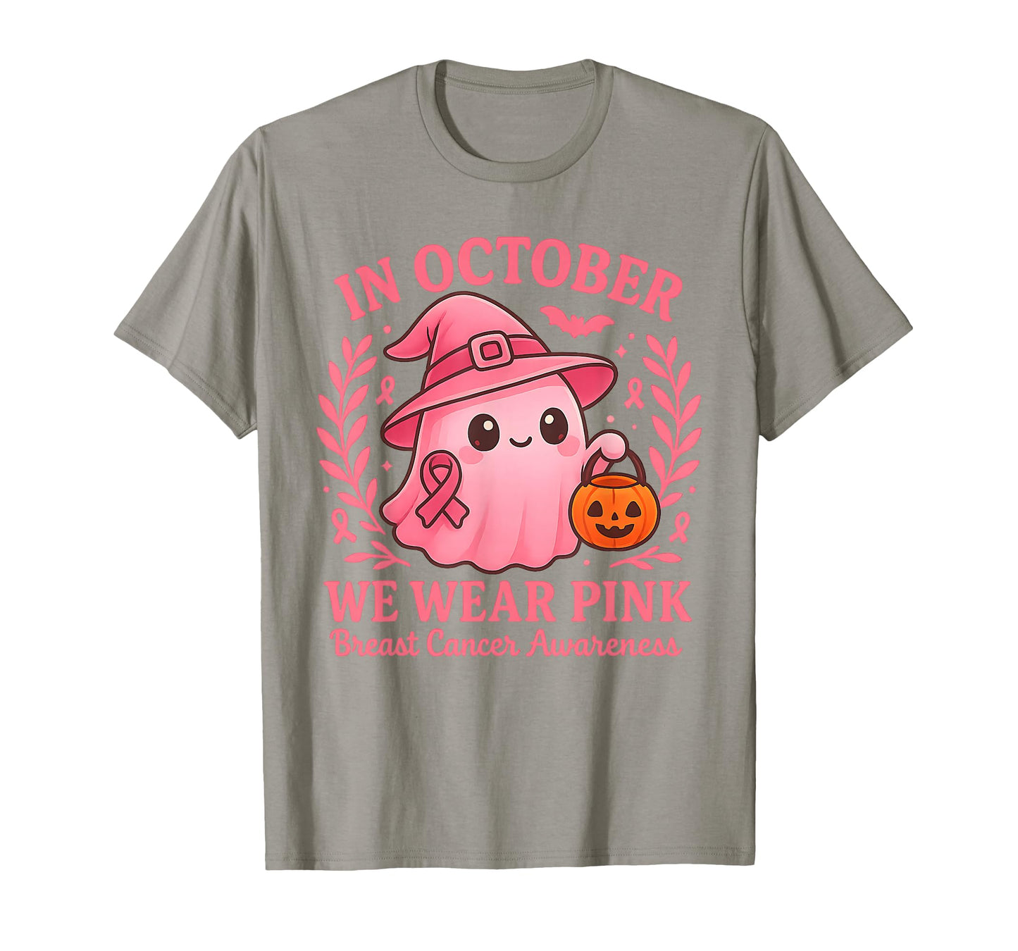 in October We Wear Pink Ghost Witch Breast Cancer Awareness T-Shirt