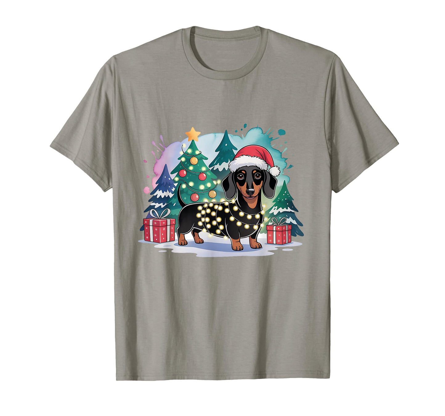 Cute Festive Dachshund Dog Santa Hat Christmas Tree Lights T-Shirt