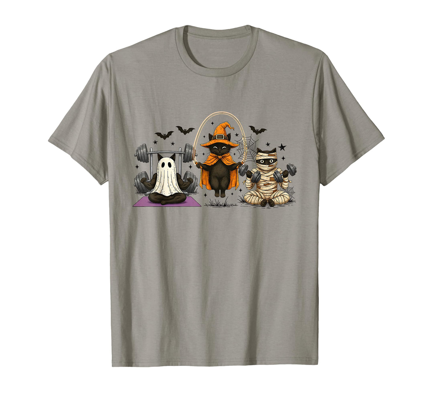 Funny Halloween Fitness Cats Ghost Witch Mummy Gym Workout T-Shirt