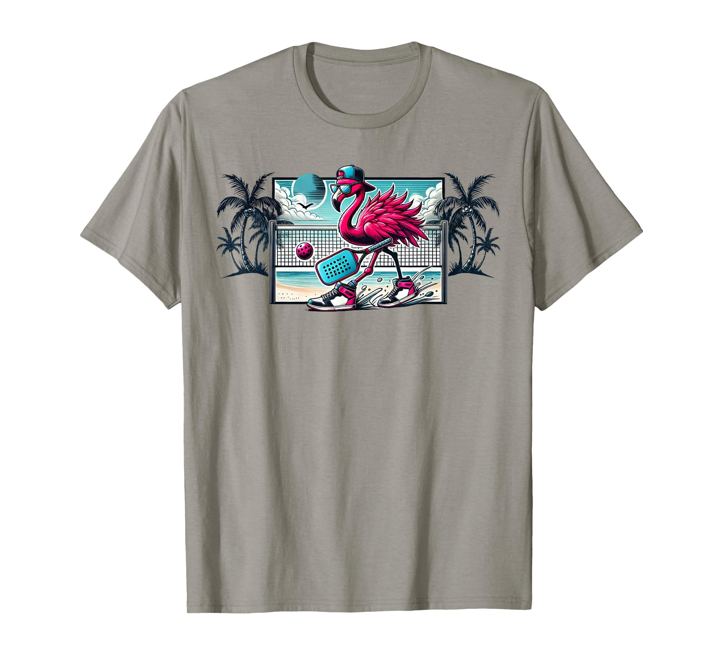 Flamingo Pickleball Beach Tropical Palm Trees Pickleball Fun T-Shirt
