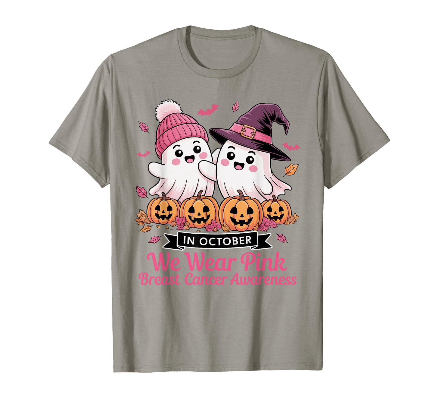 in October We Wear Pink Ghost Witch Breast Cancer Awareness T-Shirt