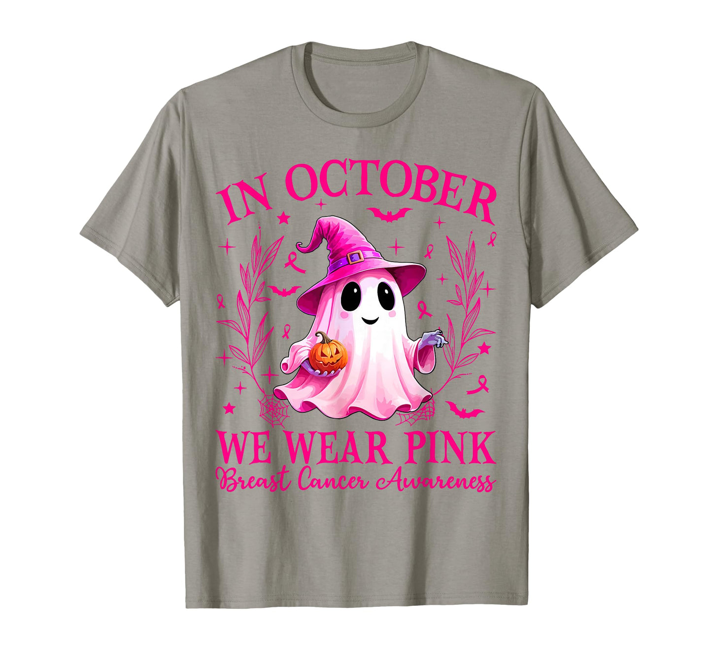 in October We Wear Pink Ghost Witch Breast Cancer Awareness T-Shirt