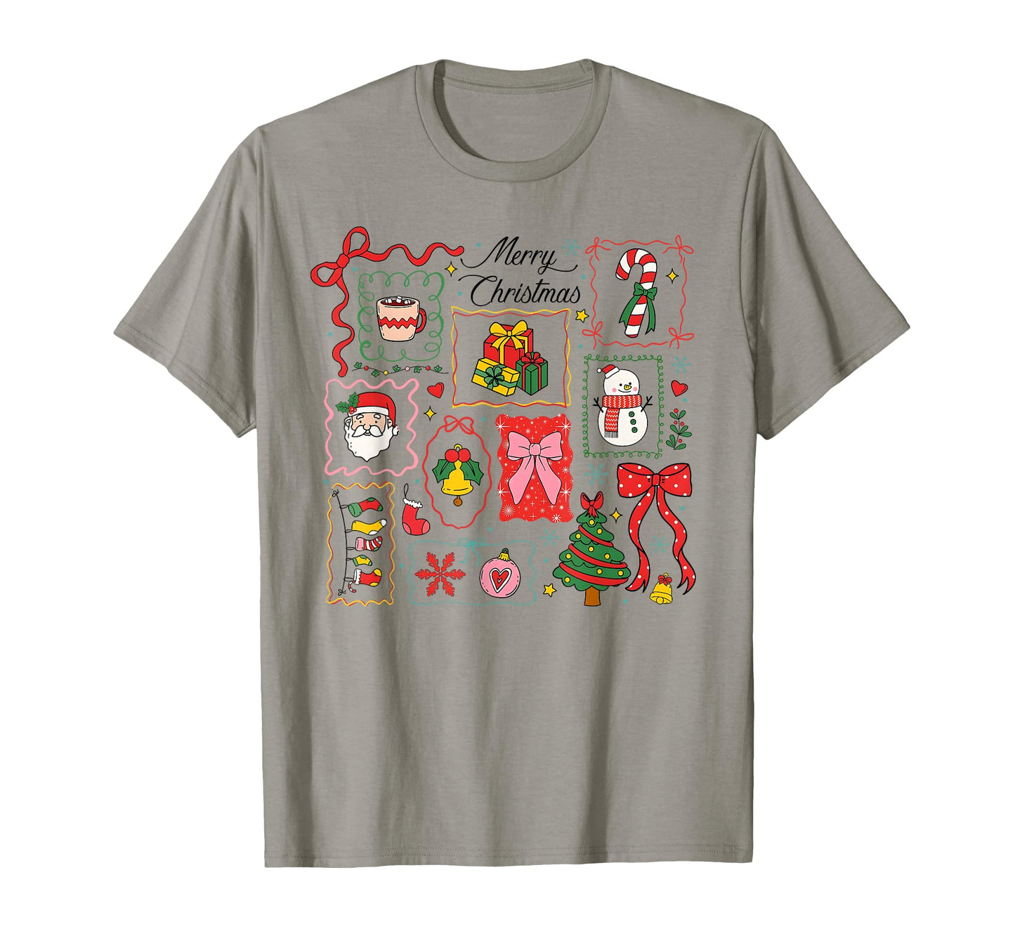 Christmas Doodle Coquette Bows Christmas Tree Snowman Santa T-Shirt