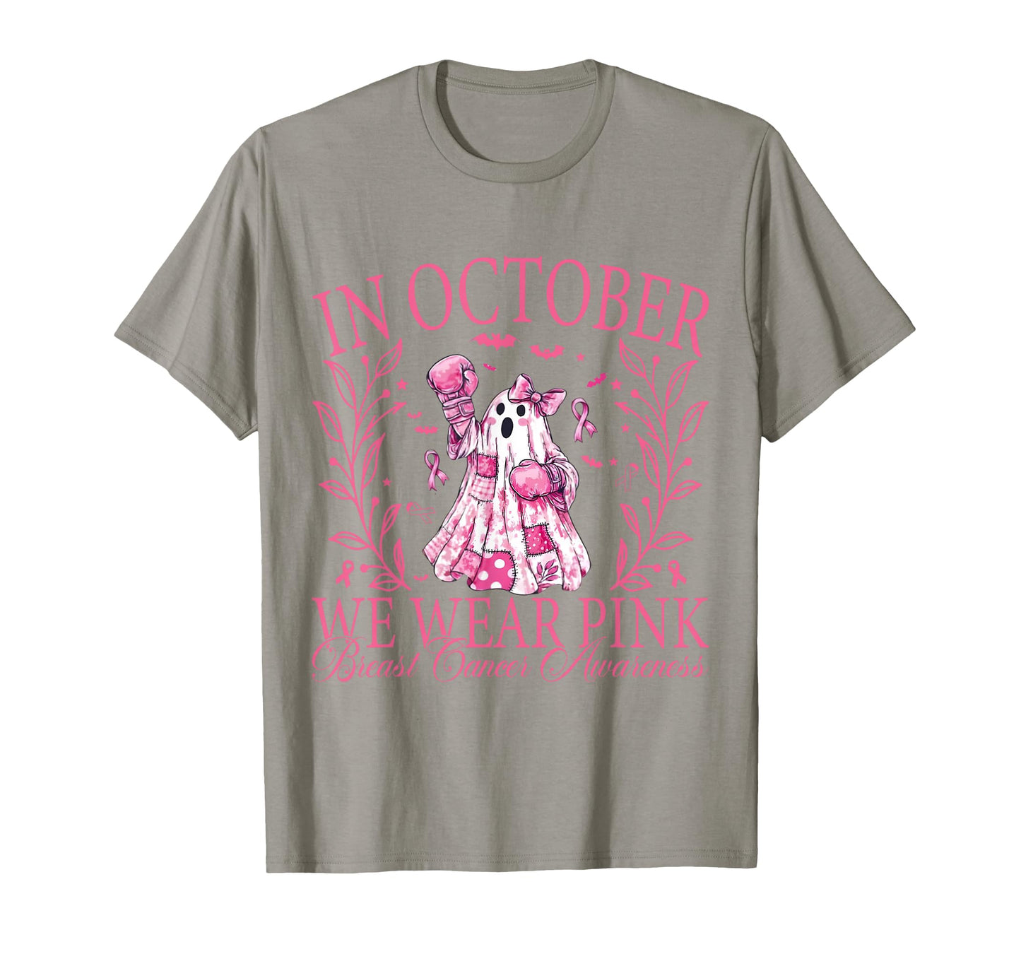 in October We Wear Pink Ghost Witch Breast Cancer Awareness T-Shirt
