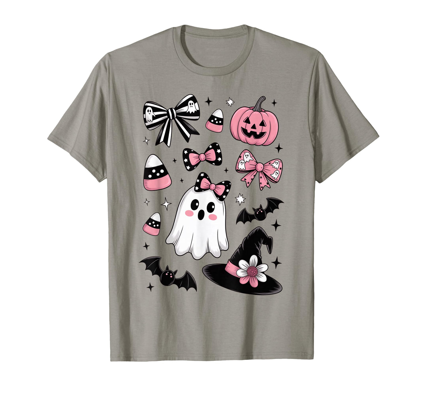 Pink Halloween Doodles Ghost Witch Bow Bats Candy Kids Girls T-Shirt
