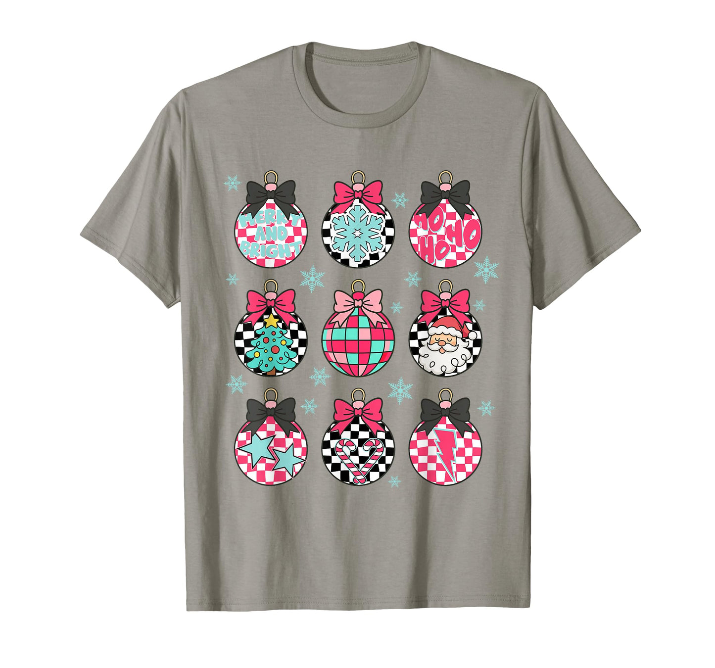 Christmas Balls Coquette Bow Merry Xmas Vibes Checkered T-Shirt