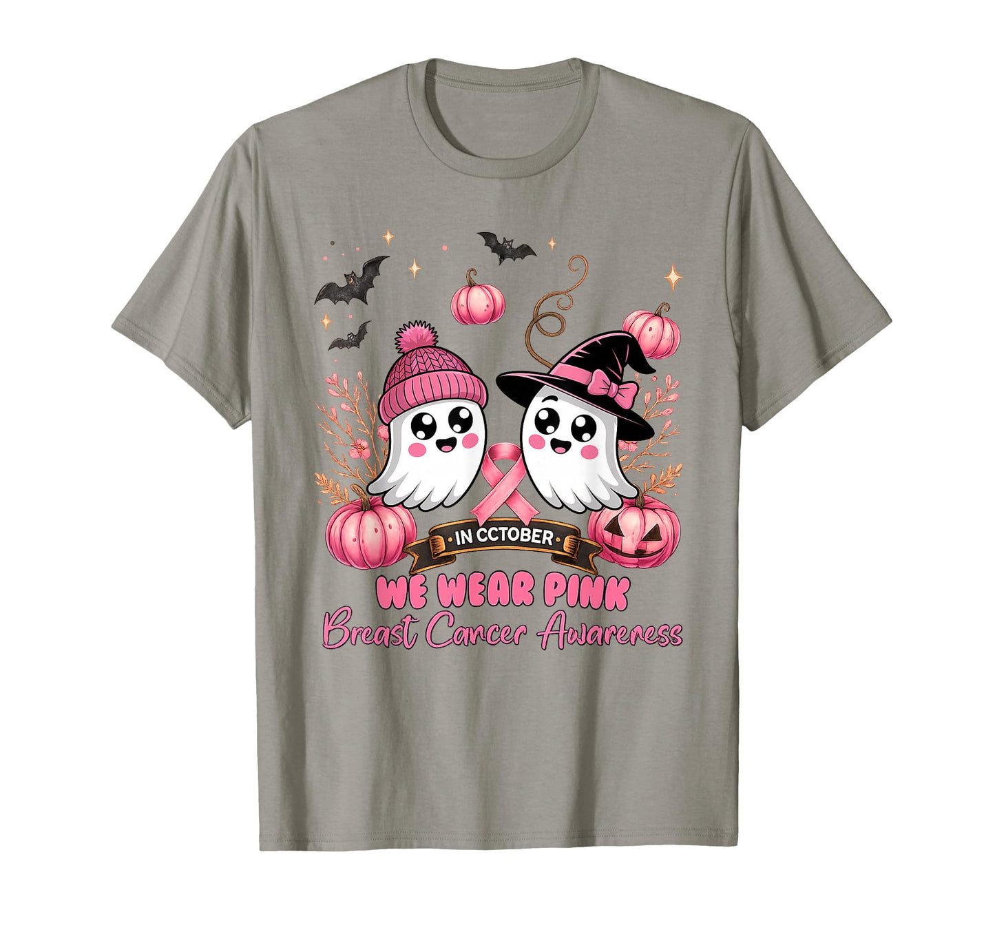 in October We Wear Pink Ghost Witch Breast Cancer Awareness T-Shirt
