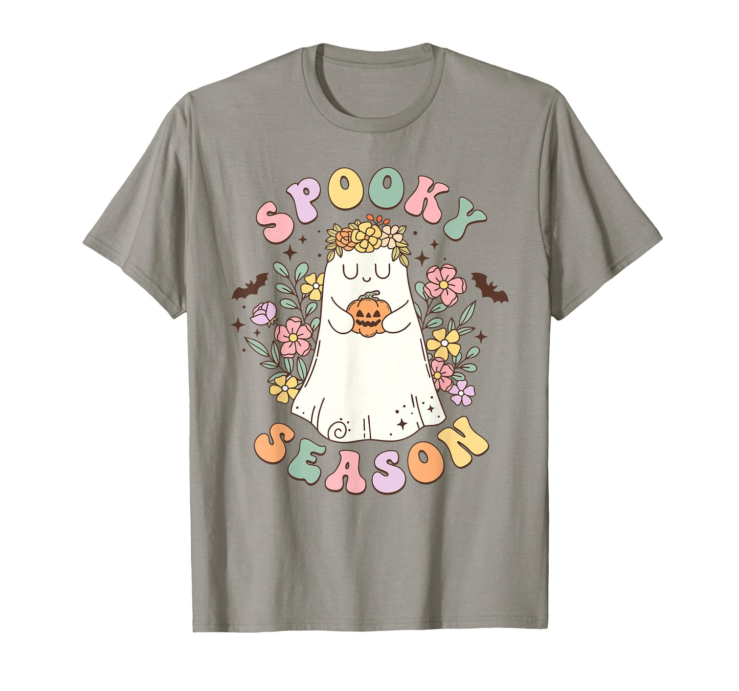 Groovy Spooky Season Retro Ghost Holding Pumpkin Halloween T-Shirt