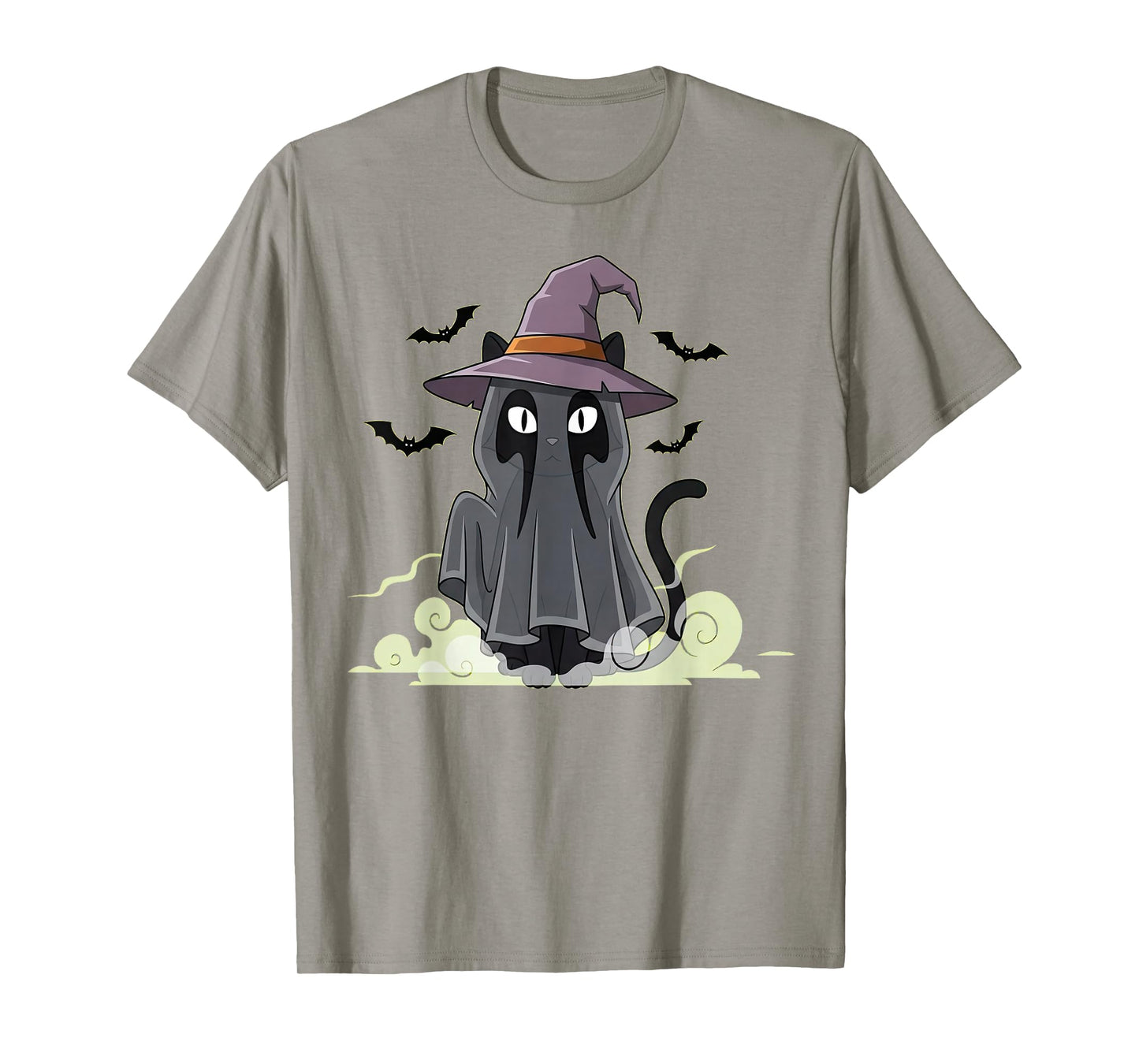 Cat Ghost Black Bats in Purple Witch Hat for Halloween T-Shirt