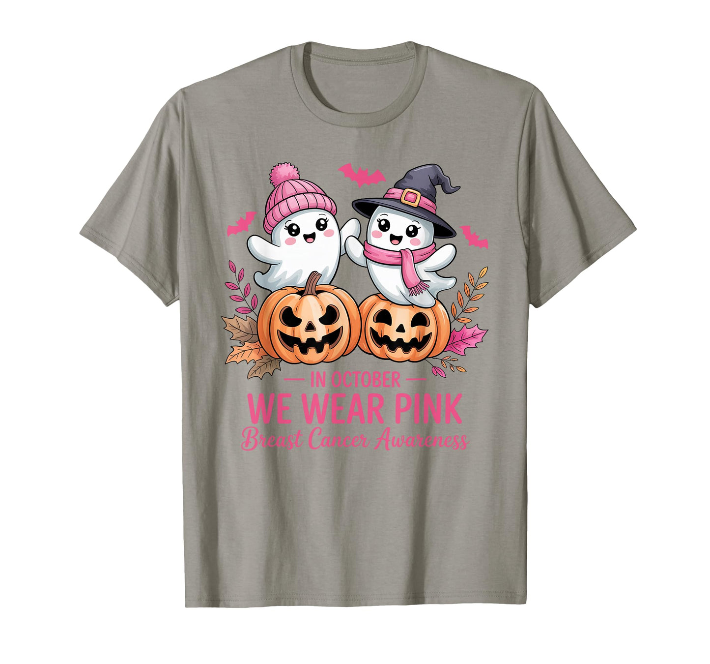 in October We Wear Pink Ghost Witch Breast Cancer Awareness T-Shirt