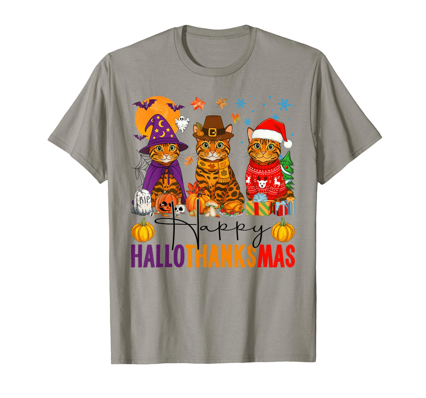Happy Hallothanksmas Bengal Cats Halloween Thanksgiving Xmas T-Shirt