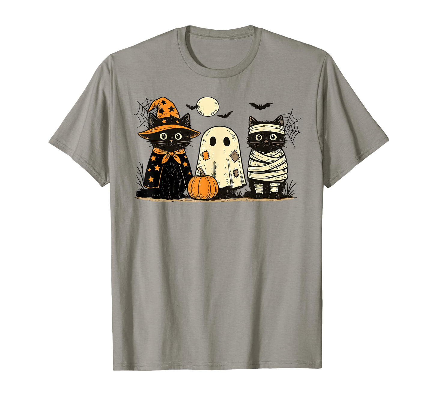 Retro Black Cat Witch Scary Halloween Pumpkin Women Men Kids T-Shirt