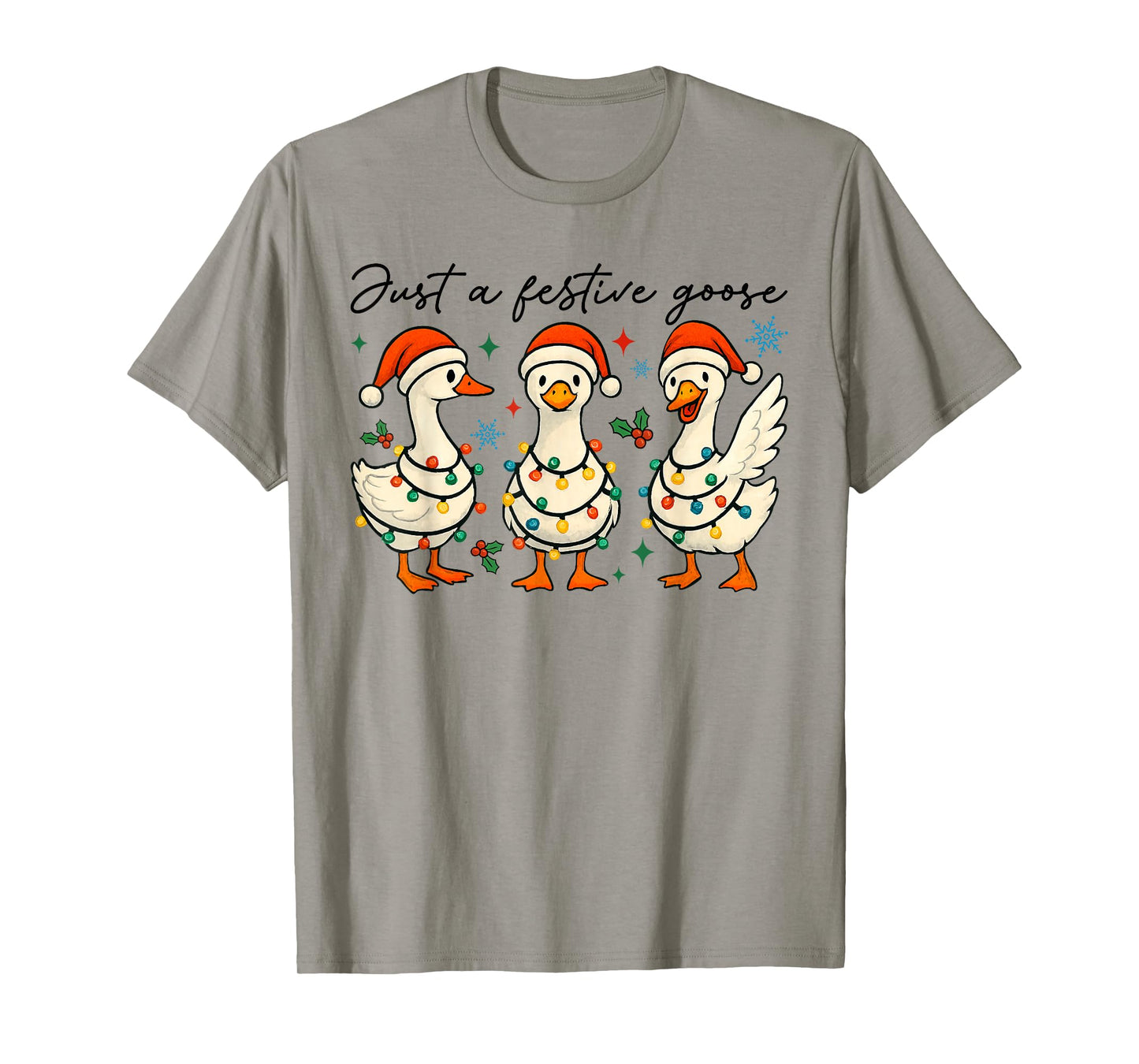 Just A Festive Goose Funny Goose Santa Hat Christmas Lights T-Shirt