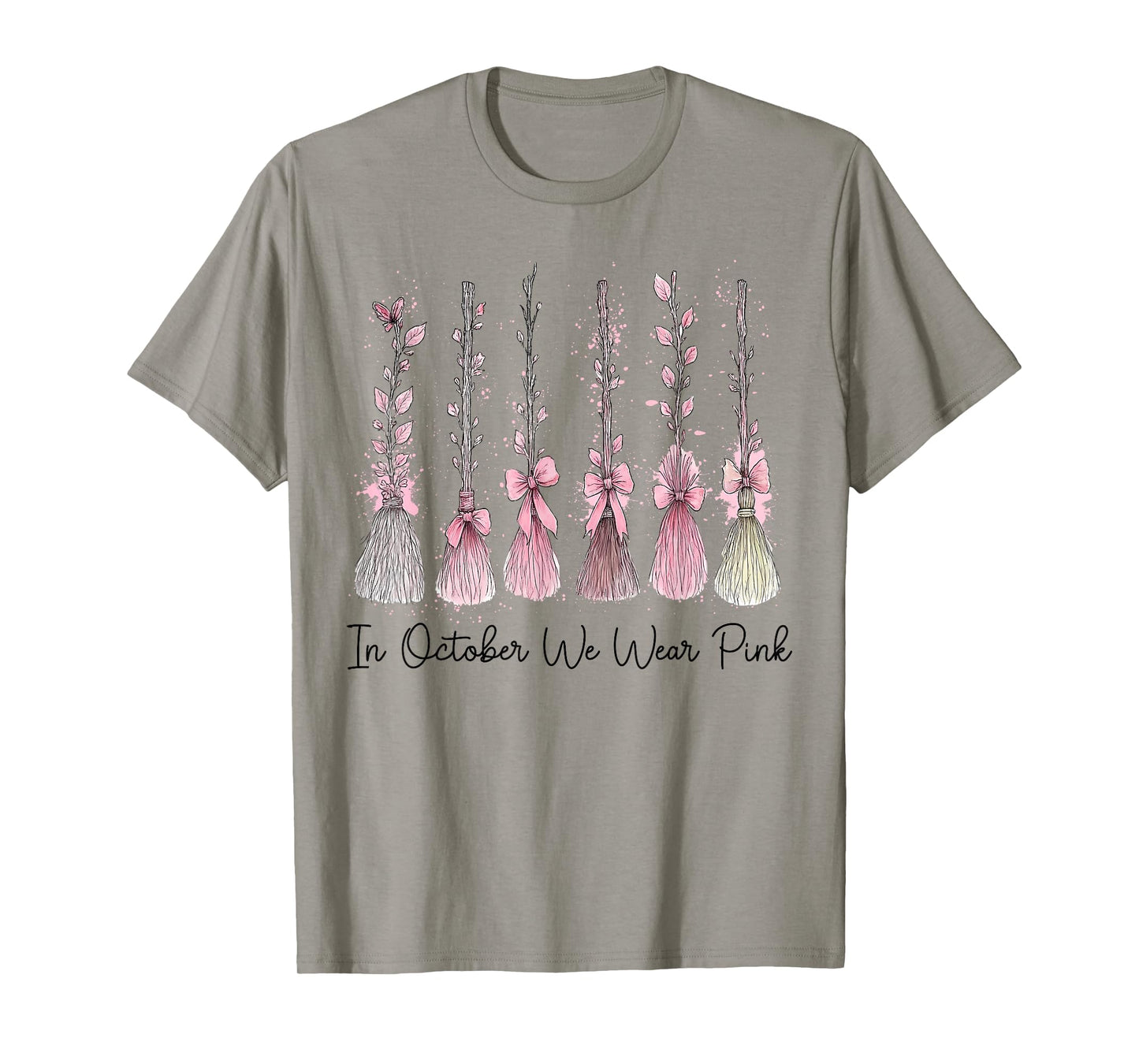 in October We Wear Pink Witch Broom Halloween Breast Cancer T-Shirt