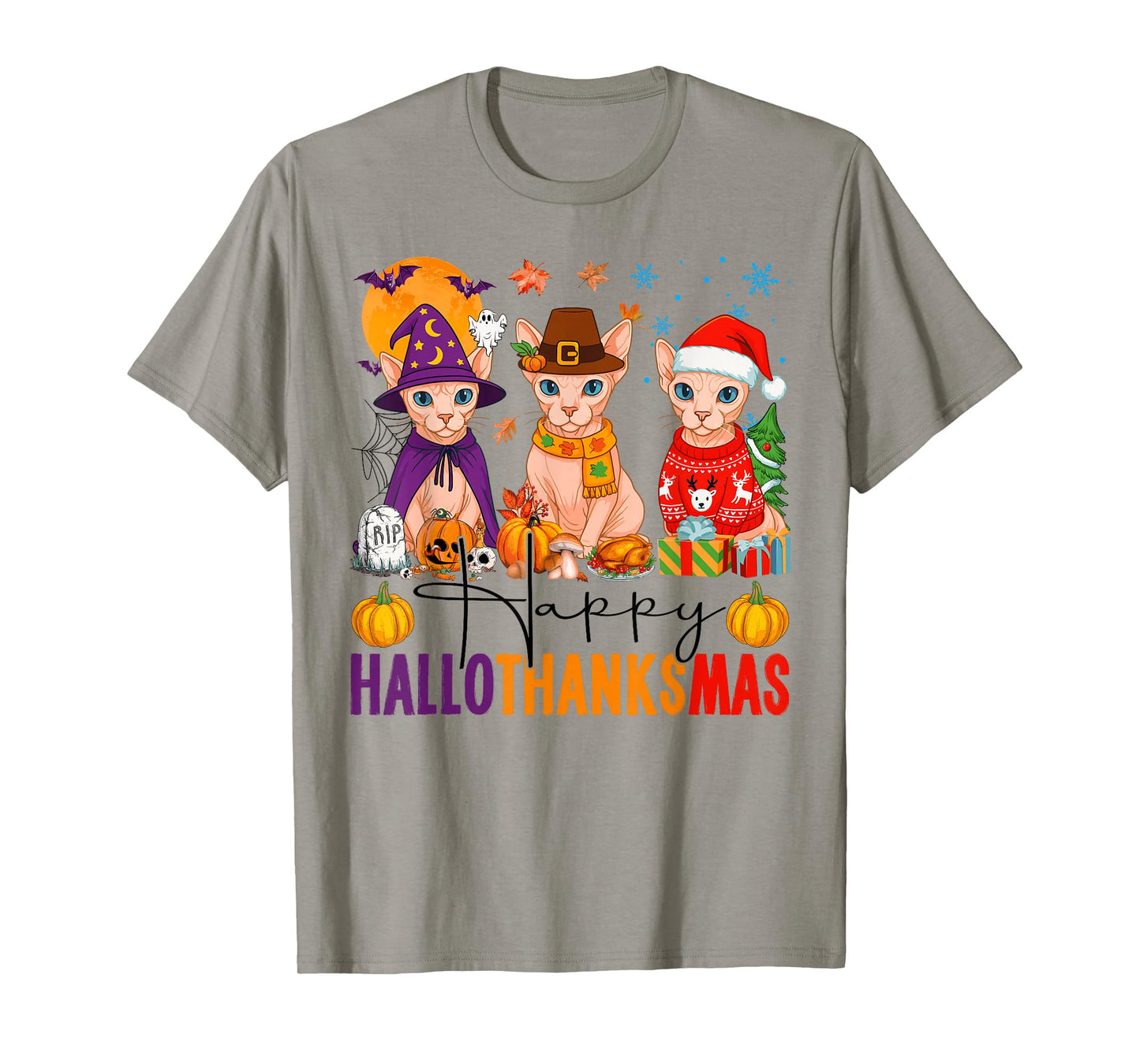 Happy Hallothanksmas Sphynx Cats Halloween Thanksgiving Xmas T-Shirt