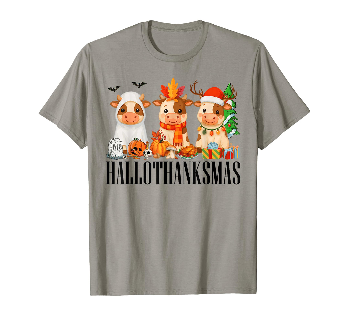 Happy Hallothanksmas Halloween Thanksgiving Christmas Cows T-Shirt