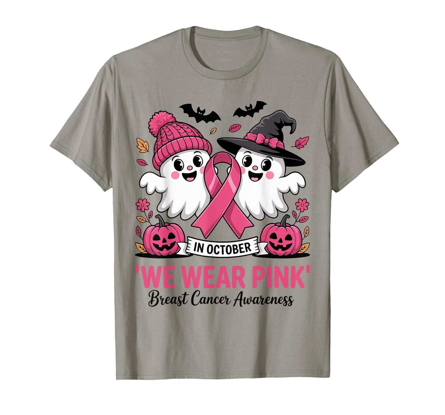 in October We Wear Pink Ghost Witch Breast Cancer Awareness T-Shirt