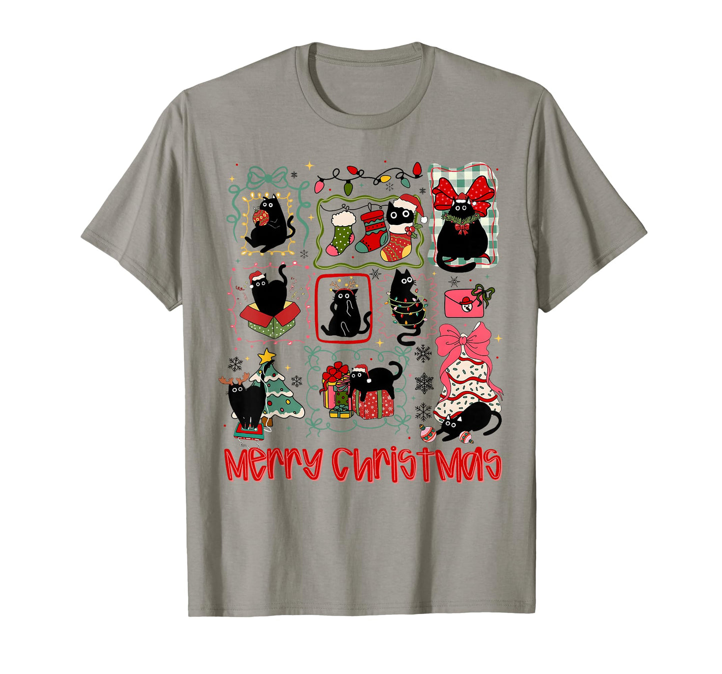 Merry Christmas Black Cat Coquette Bow Xmas Light Girl Women T-Shirt