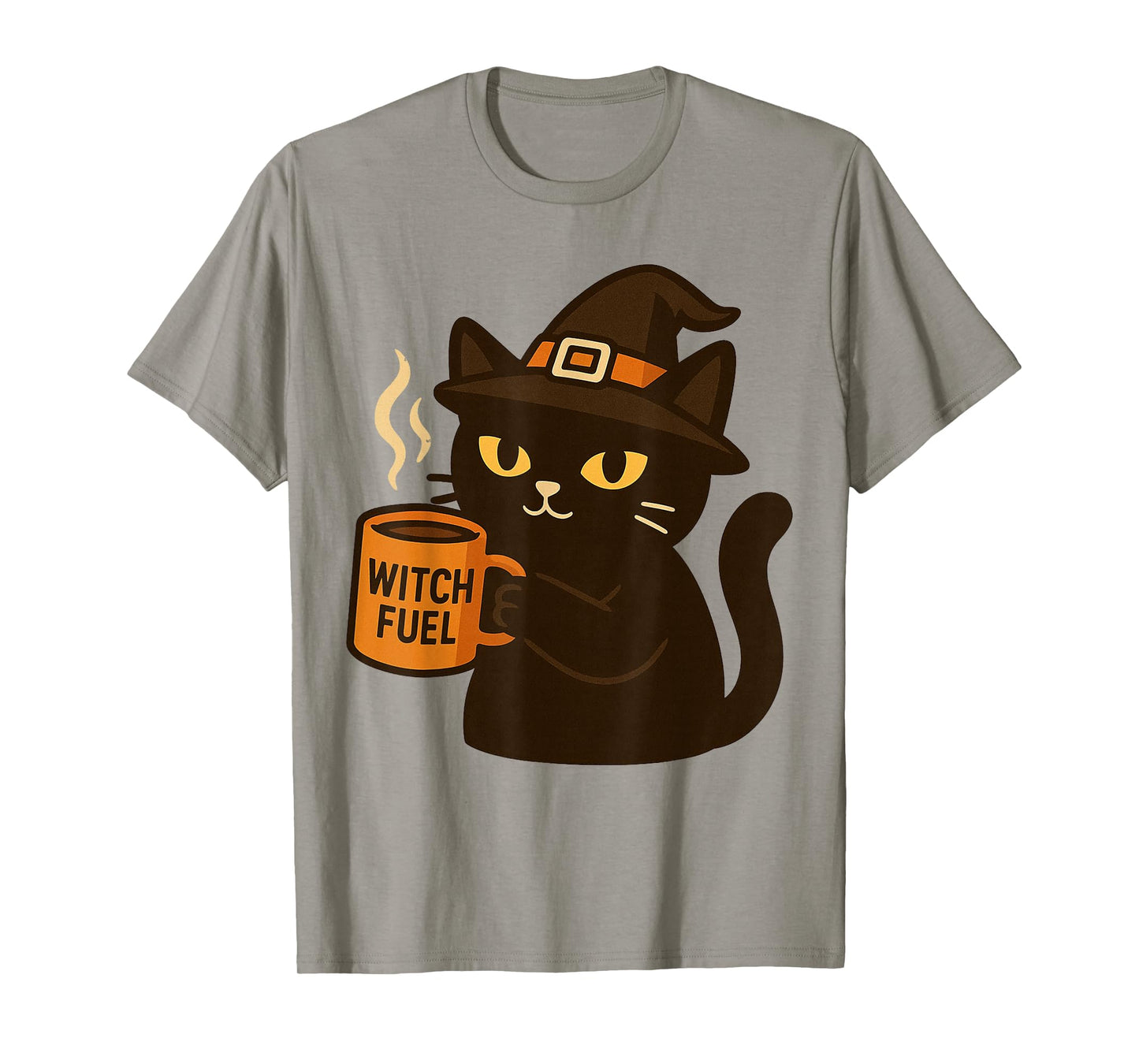 Black Witch Cat Drinking Coffee Funny Witch Fuel Halloween T-Shirt