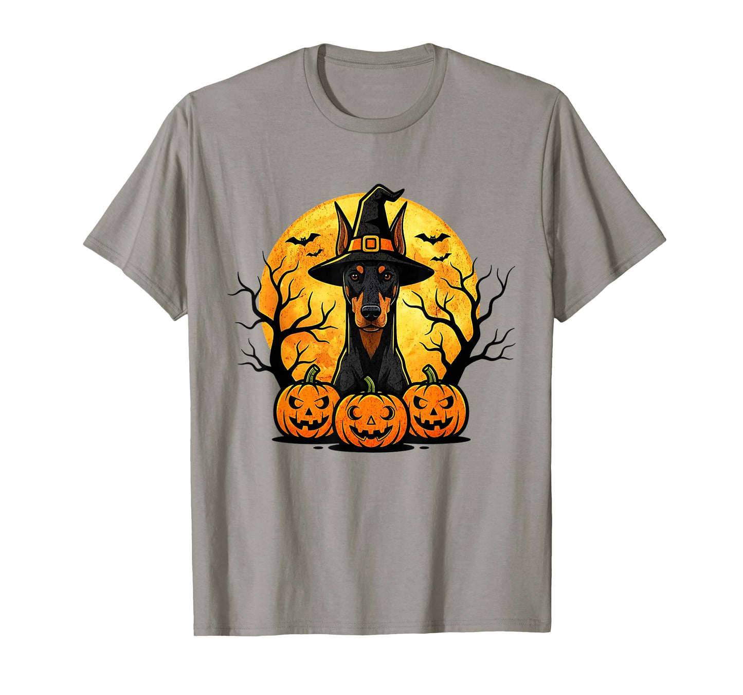 Spooky Doberman in Witch Hat Halloween Pumpkins Bats T-Shirt