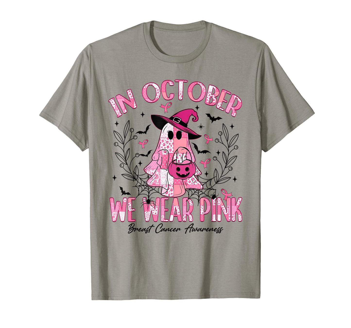 in October We Wear Pink Ghost Witch Breast Cancer Awareness T-Shirt