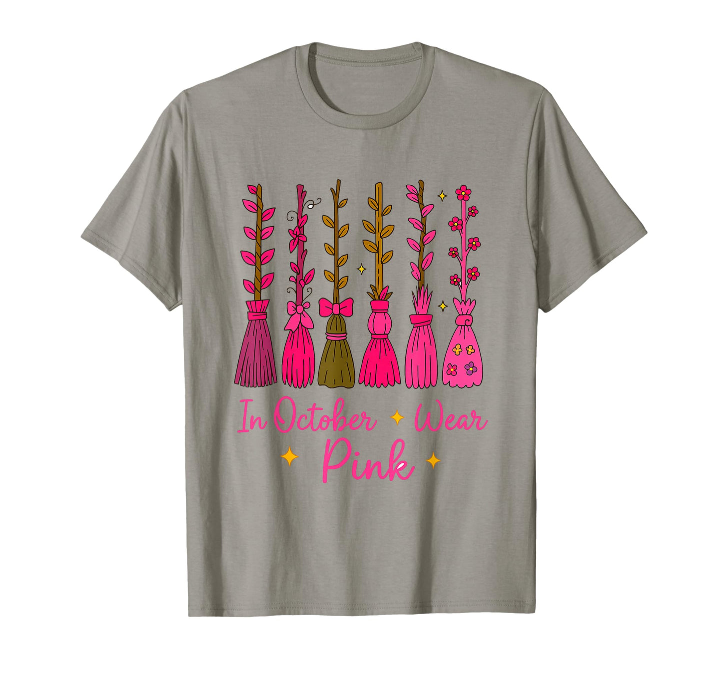 in October We Wear Pink Broom Witch Breast Cancer Awareness T-Shirt