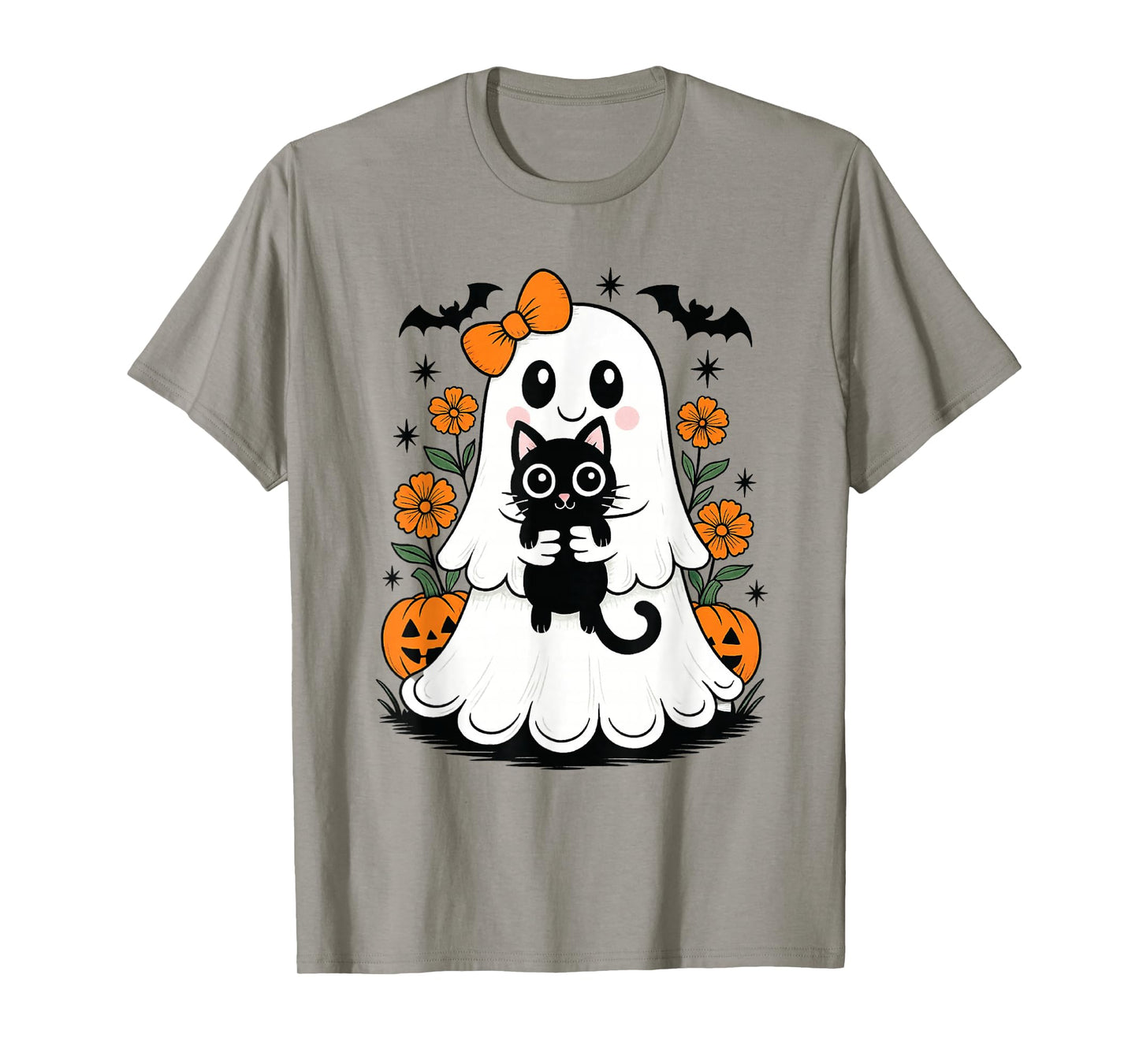 Vintage Halloween Ghost Holding Black Cat Groovy Floral T-Shirt