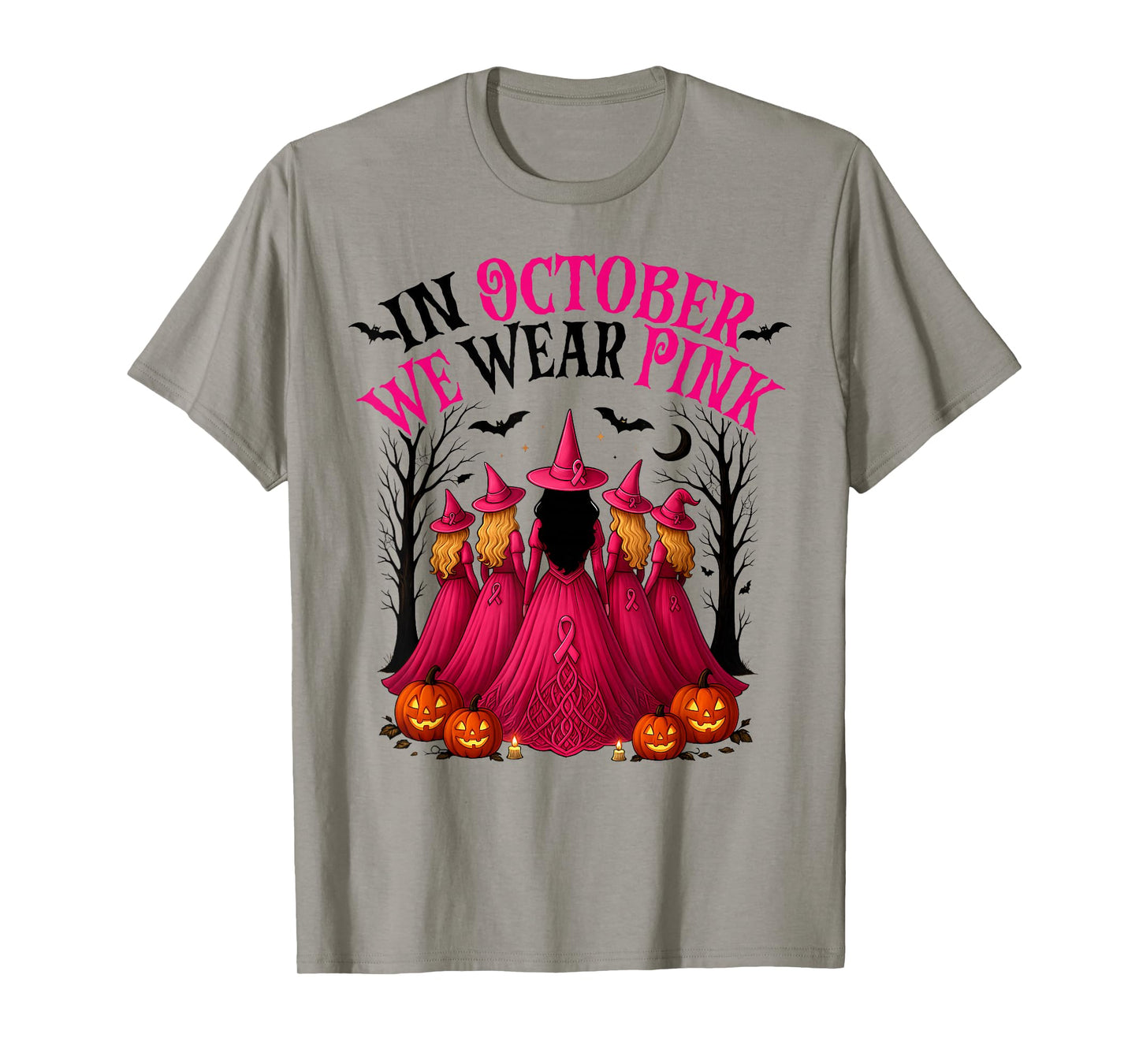 in October We Wear Pink Breast Cancer Awareness Witch Women T-Shirt