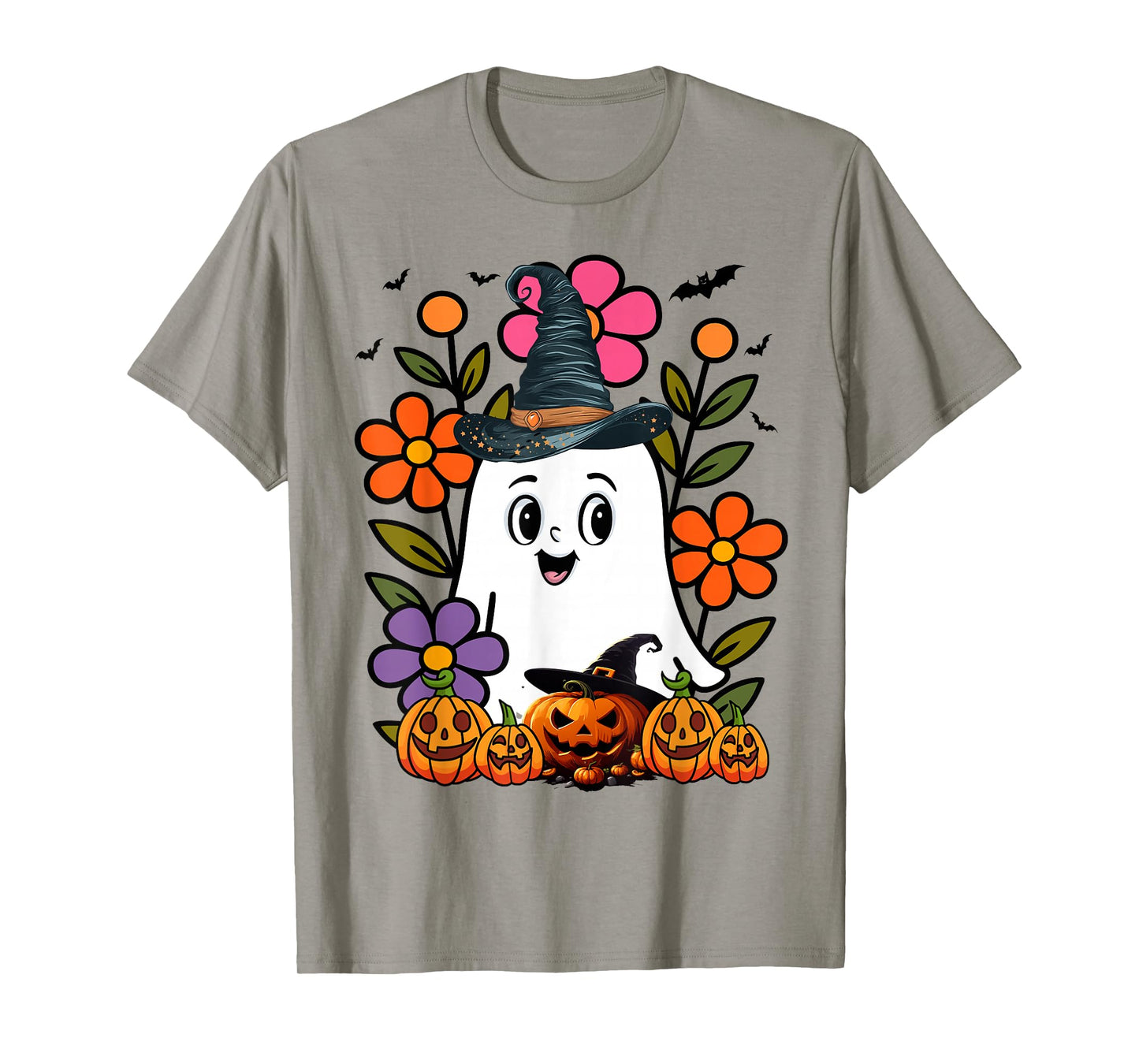 Funny Floral Ghost with Vintage Pumpkin Fall Halloween T-Shirt