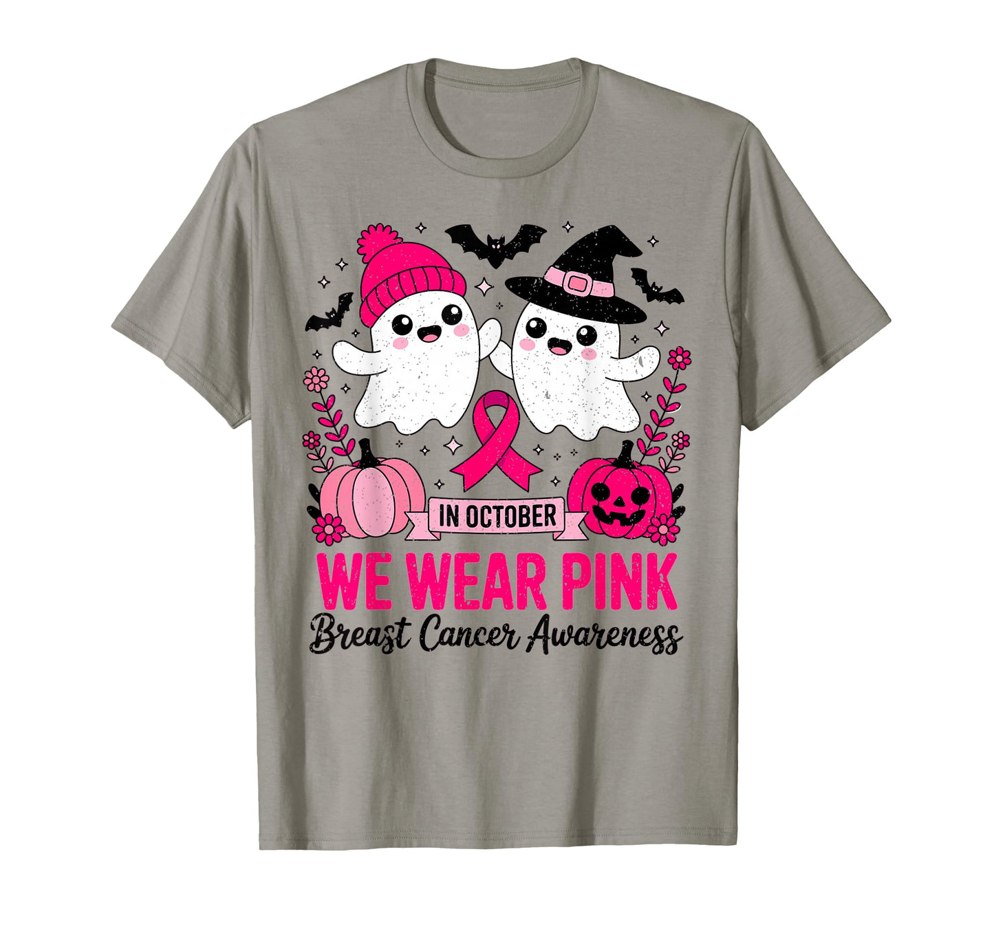 in October We Wear Pink Ghost Witch Breast Cancer Awareness T-Shirt