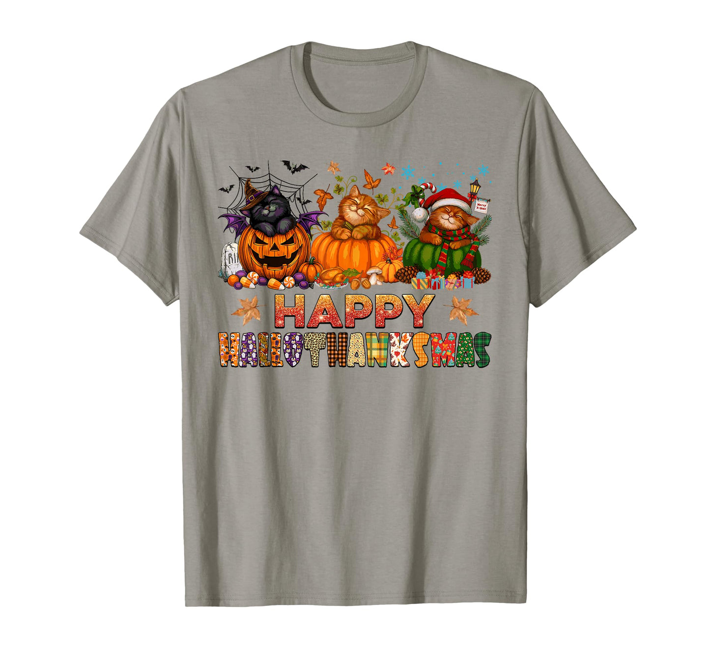 Happy Hallothanksmas Cats Halloween Thanksgiving Christmas T-Shirt