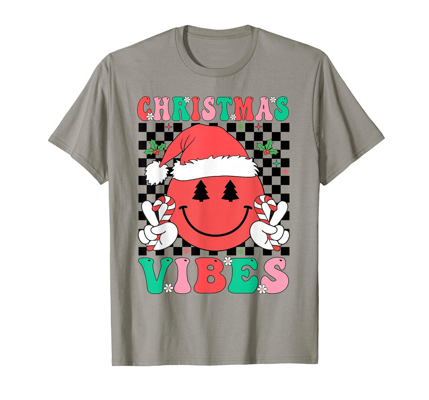 Groovy Christmas Vibes Smile Face Santa Hat Xmas Girls Women T-Shirt