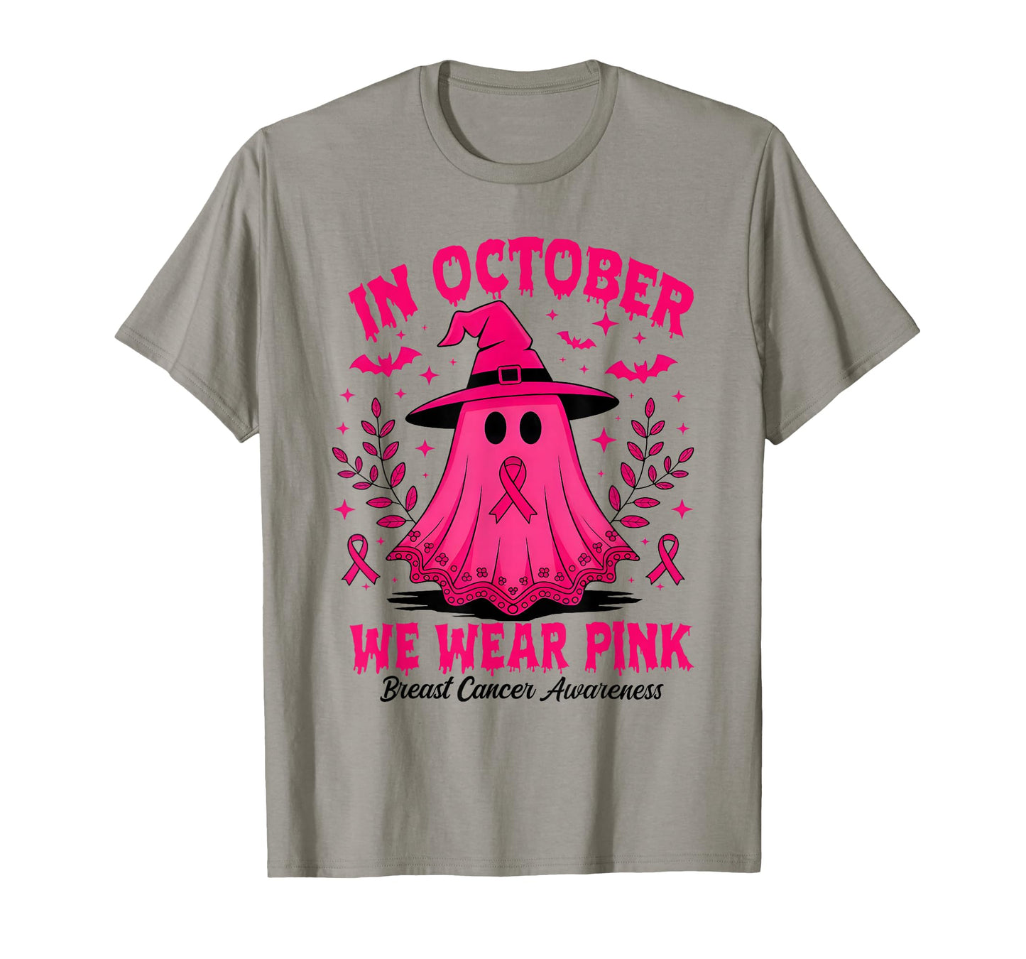 in October We Wear Pink Ghost Witch Breast Cancer Awareness T-Shirt