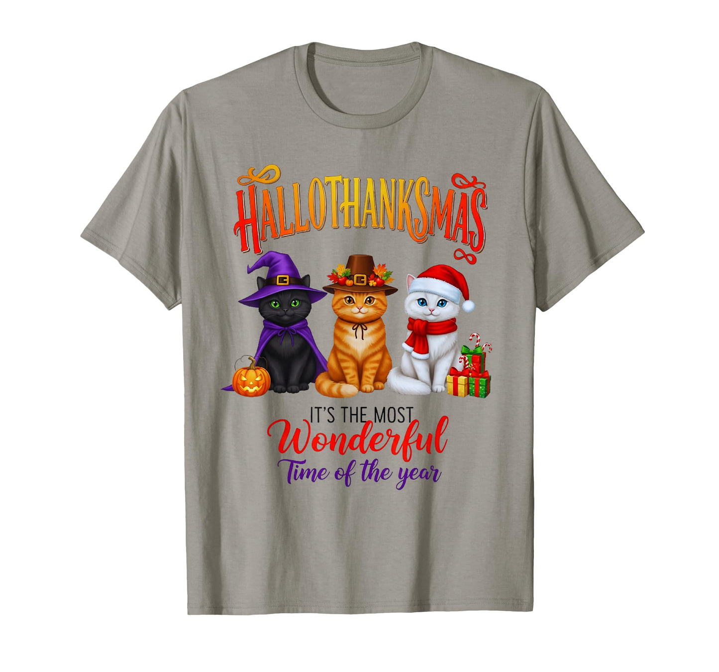 Halloween Thanksgiving Christmas Happy HalloThanksMas Cats T-Shirt