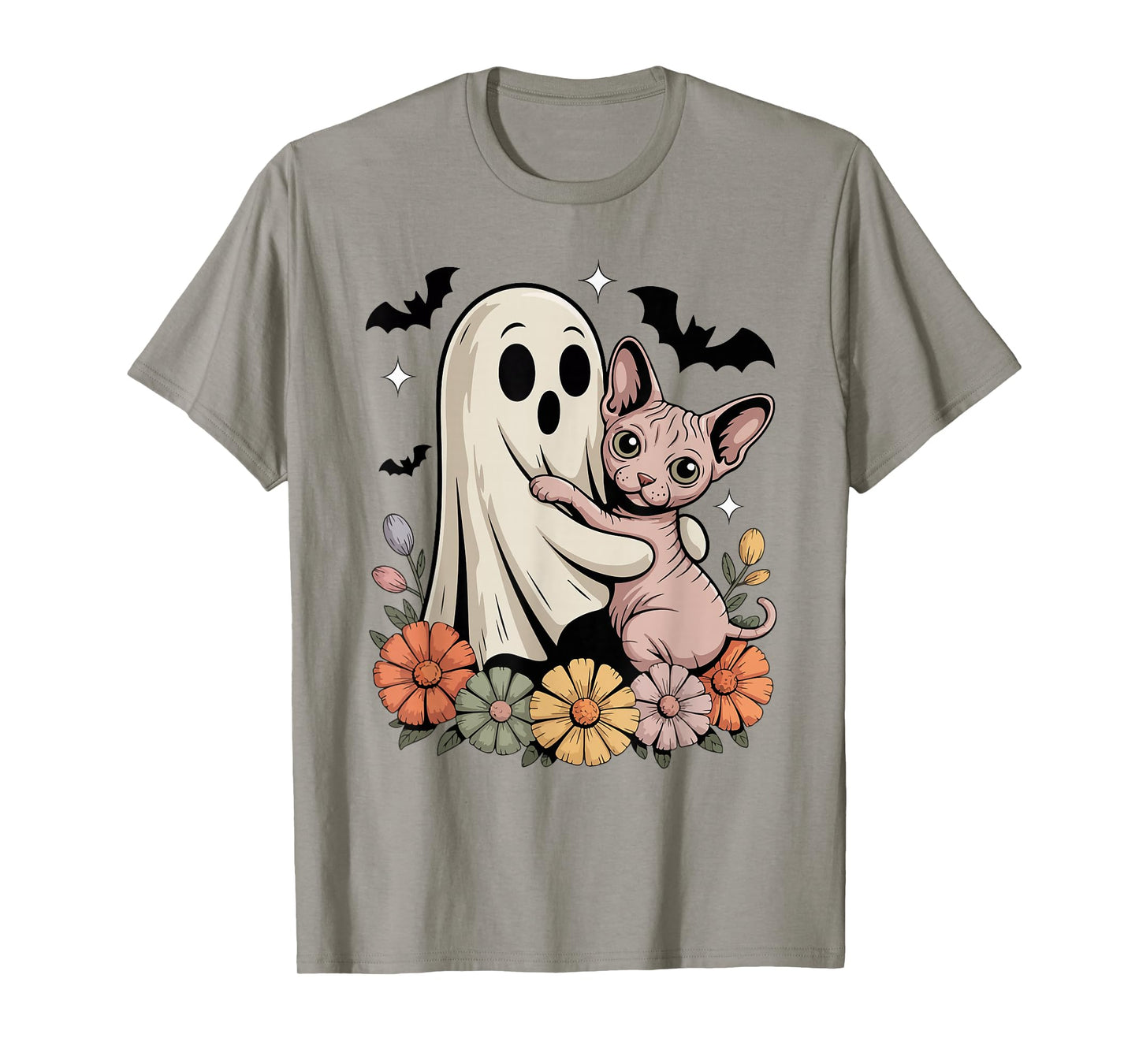 Spooky Ghost Hugging Sphynx Cat Halloween Cat Mom Cute Women T-Shirt